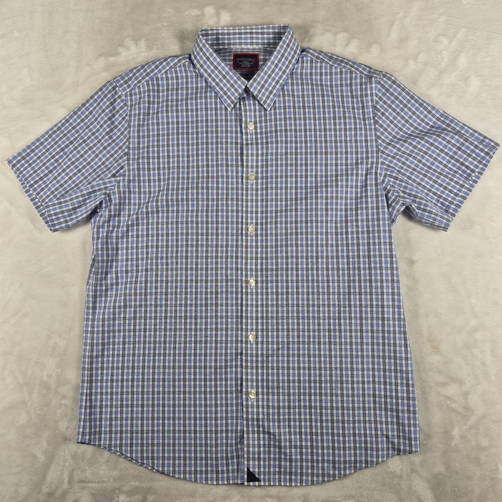 UNTUCKit Button Up Short Sleeve Shirt Men's Large Blue Plaid Wrinkle Free Dante